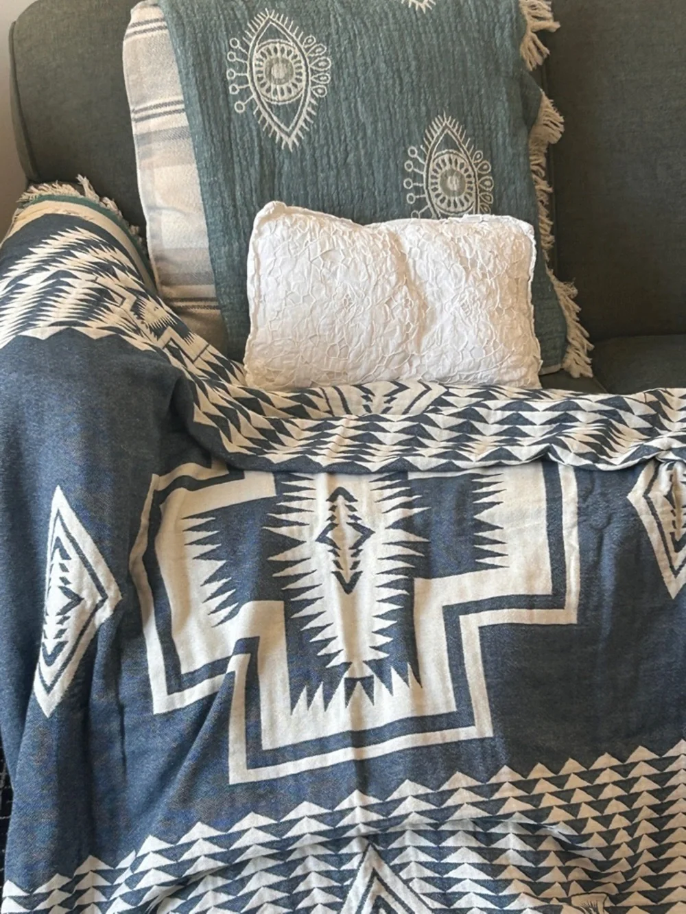 Woven Outdoor Indoor Blanket SxSW TH 2 Side Native Pattern Blue + Natural